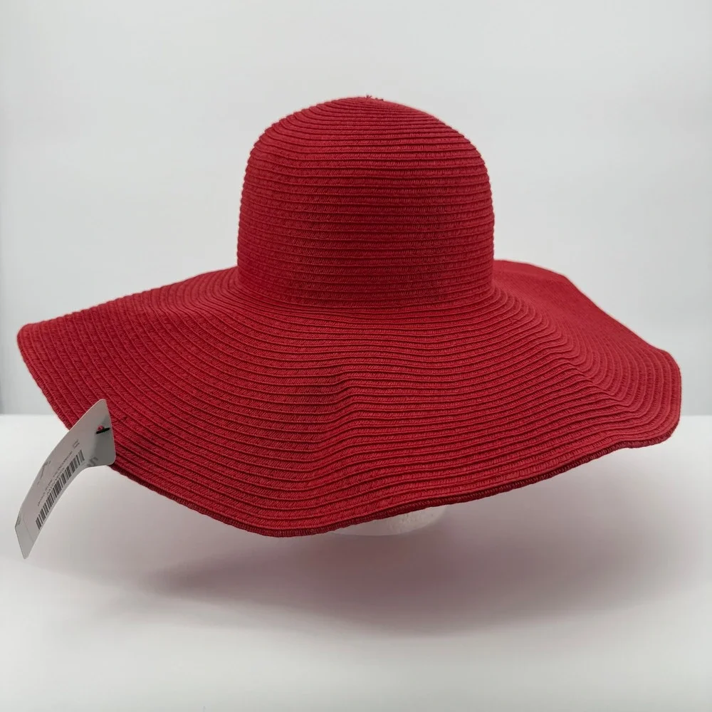 Sun Hat Women OS Red Straw Wide Brim Floppy Summer Beach Travel